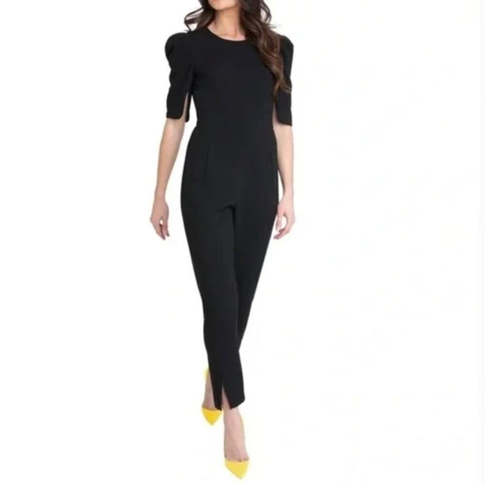 Black Halo Russo Puff Shoulder Slit Jumpsuit Black Size 8 Slim Leg Front Pockets - Picture 5 of 15